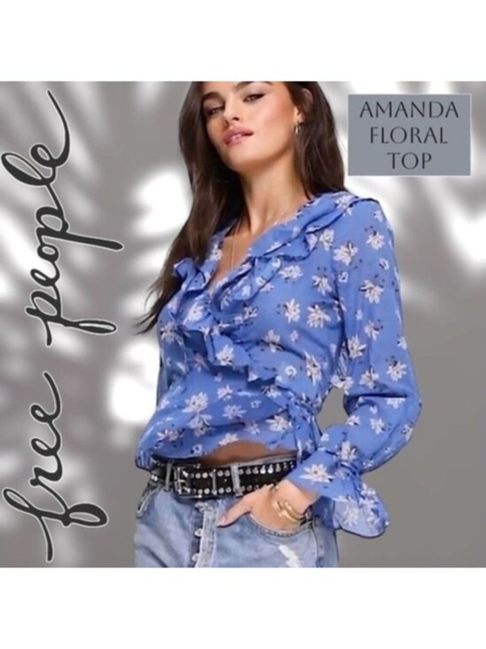 FREE PEOPLE Amanda Ruffle Detail Wrap-Style Cotton Blouse NWT/Blue Floral/Sm